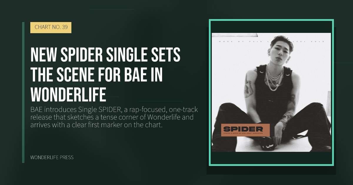 Wonderlife Press: New SPIDER single sets the scene for BAE in Wonderlife. release artwork. CHART NO. 39.