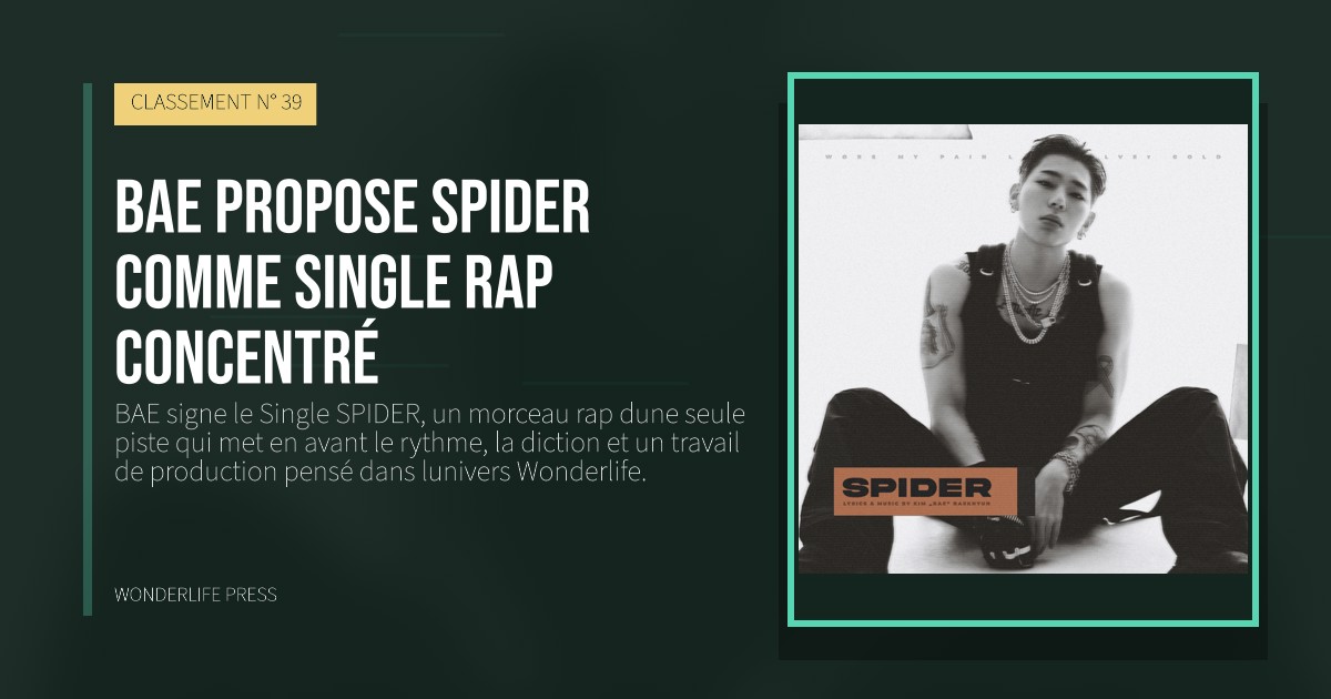 Wonderlife Press: BAE propose SPIDER comme single rap concentré. pochette de la sortie. CLASSEMENT N° 39.