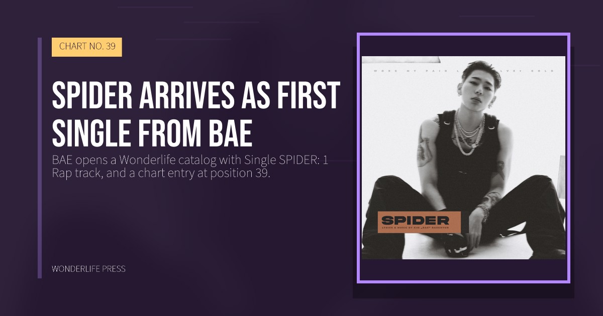 Wonderlife Press: SPIDER arrives as first Single from BAE. release artwork. CHART NO. 39.