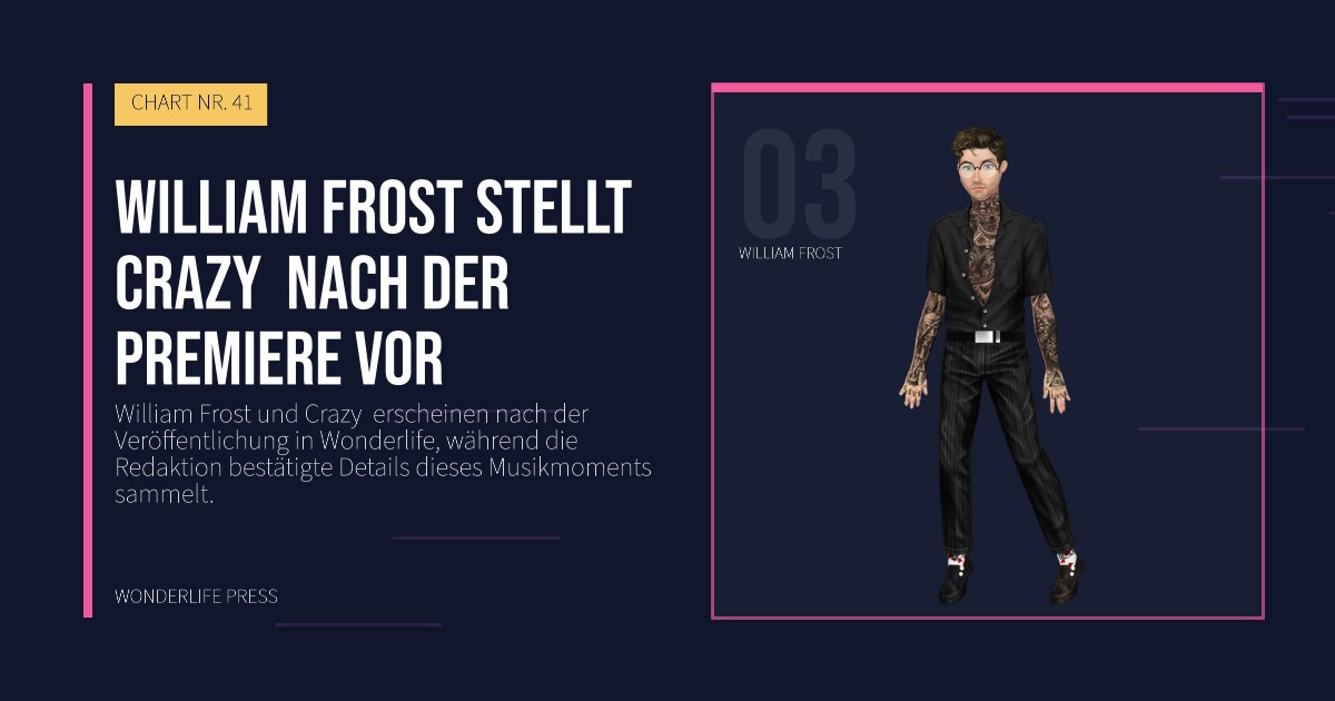 Wonderlife Press: William Frost stellt Crazy  nach der Premiere vor. Künstlerporträt. CHART NR. 41.