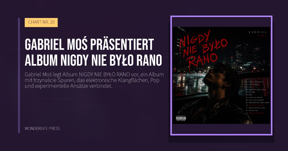 Wonderlife Press: gabriel Moś präsentiert Album NIGDY NIE BYŁO RANO. Veröffentlichungscover. CHART NR. 20.