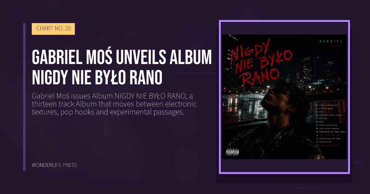 Wonderlife Press: gabriel Moś unveils Album NIGDY NIE BYŁO RANO. release artwork. CHART NO. 20.