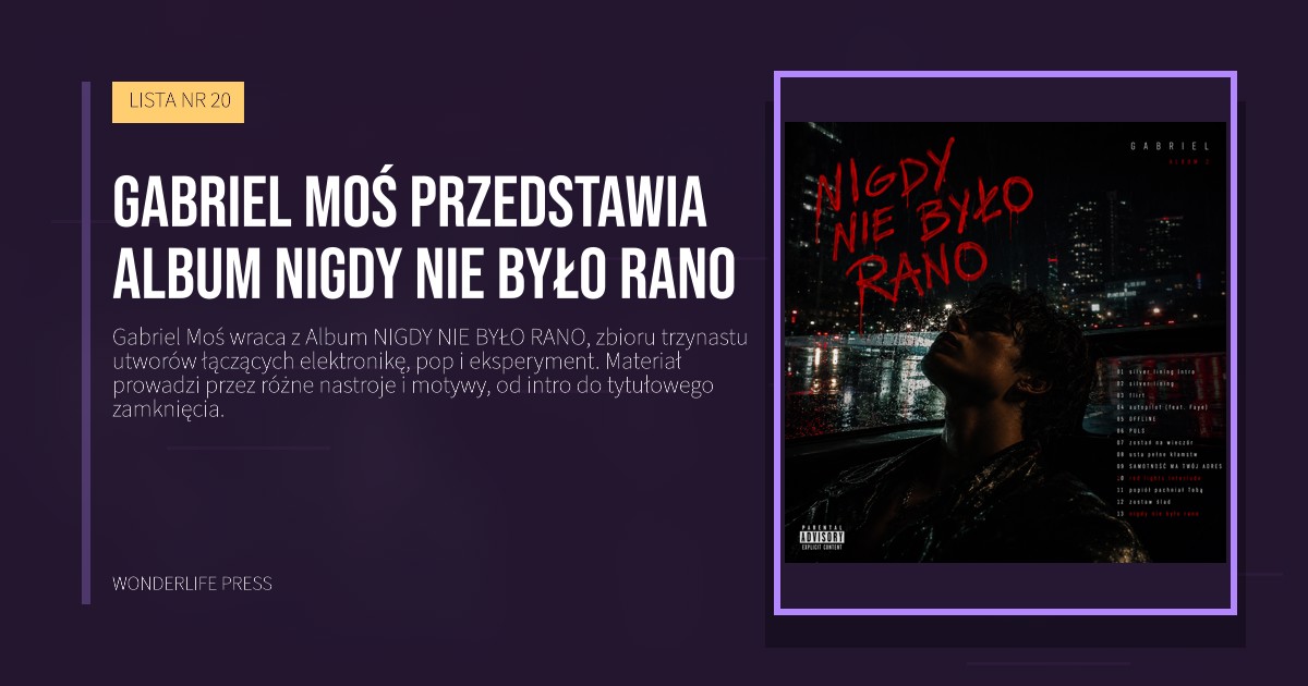 Wonderlife Press: gabriel Moś przedstawia Album NIGDY NIE BYŁO RANO. okładka wydawnictwa. LISTA NR 20.