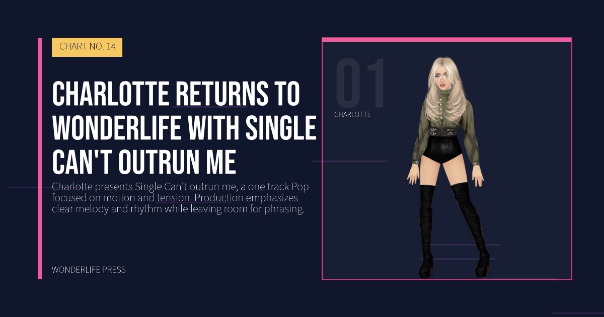Wonderlife Press: Charlotte returns to Wonderlife with Single Can't outrun me. artist portrait. CHART NO. 14.