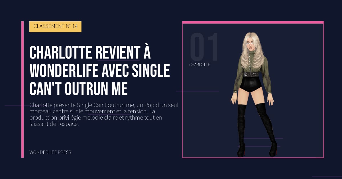 Wonderlife Press: Charlotte revient à Wonderlife avec Single Can't outrun me. portrait des artistes. CLASSEMENT N° 14.