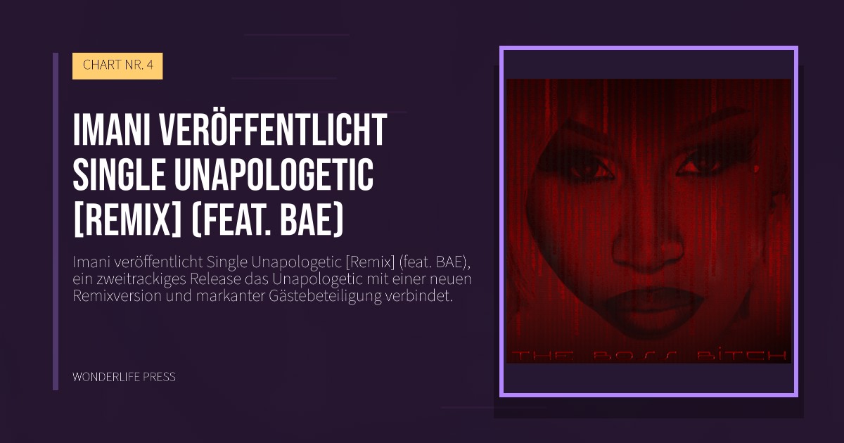 Wonderlife Press: Imani veröffentlicht Single Unapologetic [Remix] (feat. BAE). Veröffentlichungscover. CHART NR. 4.