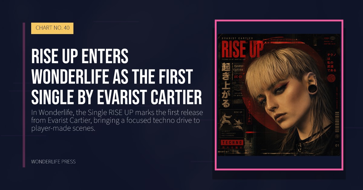Wonderlife Press: RISE UP enters Wonderlife as the first single by Evarist Cartier. release artwork. CHART NO. 40.