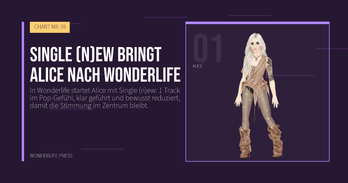 Wonderlife Press: Single (n)ew bringt Alice nach Wonderlife. Künstlerporträt. CHART NR. 59.