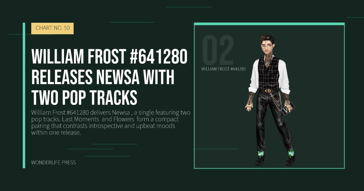 Wonderlife Press: William Frost #641280 releases Newsa with two pop tracks. artist portrait. CHART NO. 50.