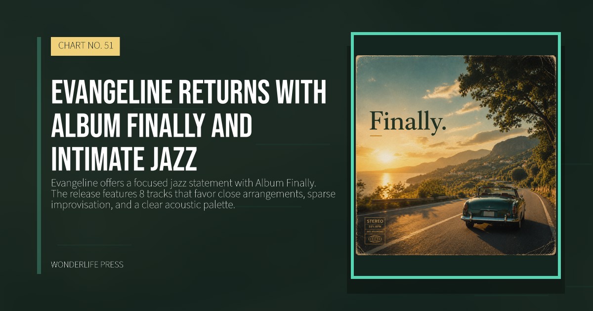 Wonderlife Press: Evangeline returns with Album Finally and intimate jazz. release artwork. CHART NO. 51.